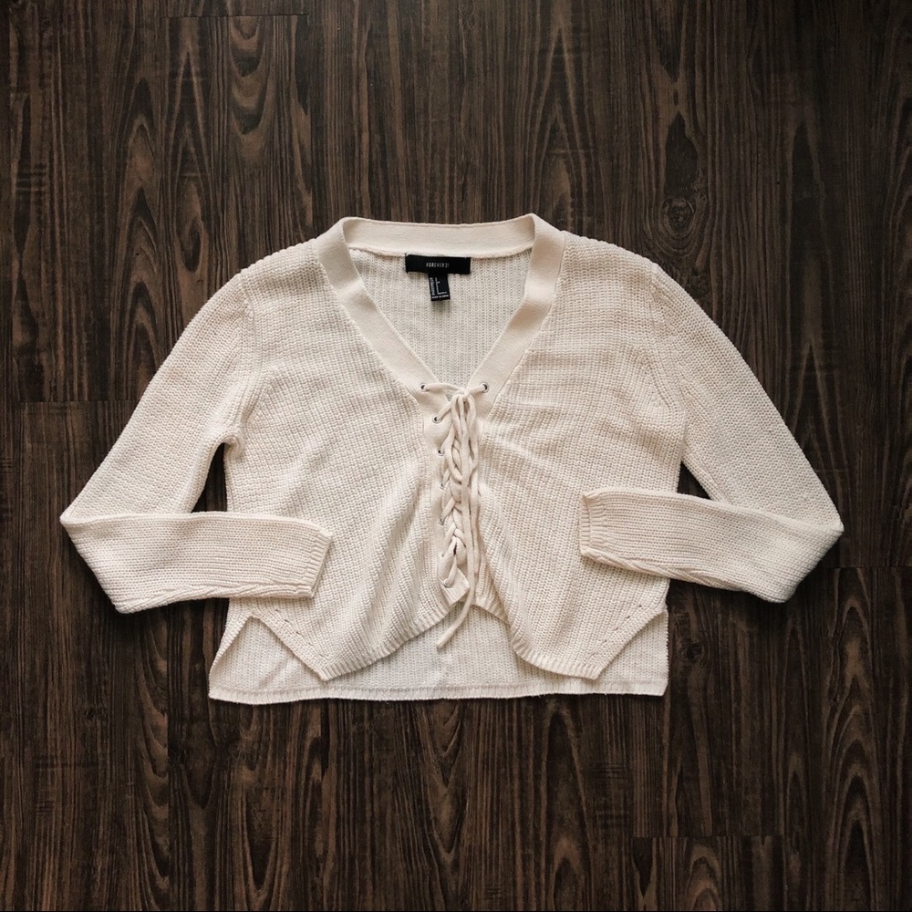 white cropped sweater with tied front